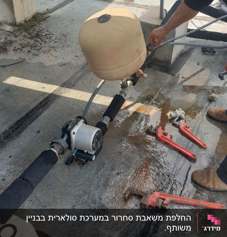 אדם מתקן דוד שמש עם כלים על הגג